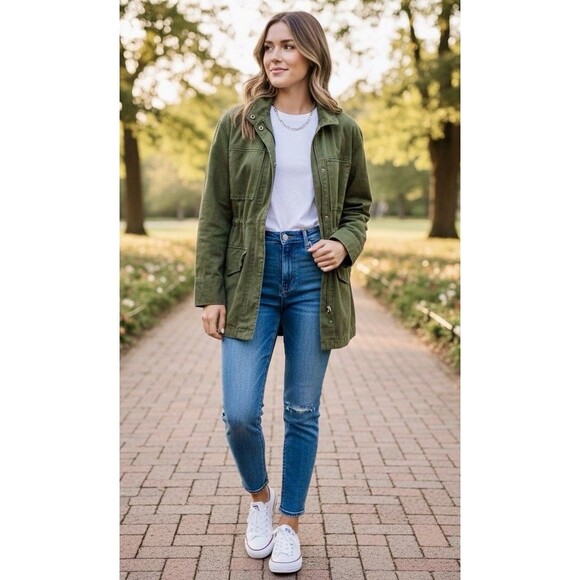 Women’s Olive Green Utility Field Jacket Army Style Cargo Pockets Military Sz Sm - Picture 2 of 9